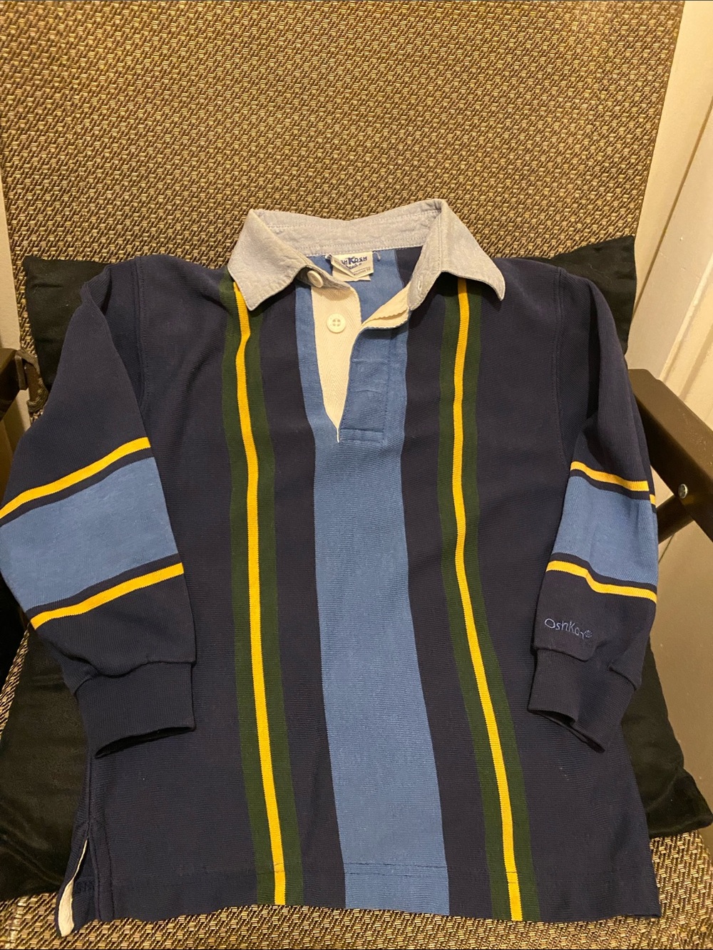 OshKosh B'gosh Vintage Navy, Light Blue & Yellow Striped Rugby Polo. SZ 5-6 Boys
